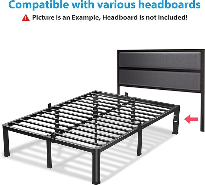 VIPSHOW 16 Inch Queen Bed Frame, 3500Lbs Heavy Duty Metal Platform with Round Corner Legs Mattress Slide Stopper, Steel Slat Support No Box Spring Needed, Noise Free, Non-Slip, Easy Assembly