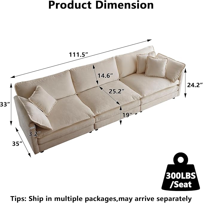 Aoowow Modular Sectional Sofa,112.2 Inch Deep 3-Seater Sofas Comfy Chenille Cloud Sofas and Couches with Pillows for Living Room Apartment（Light Coffee）