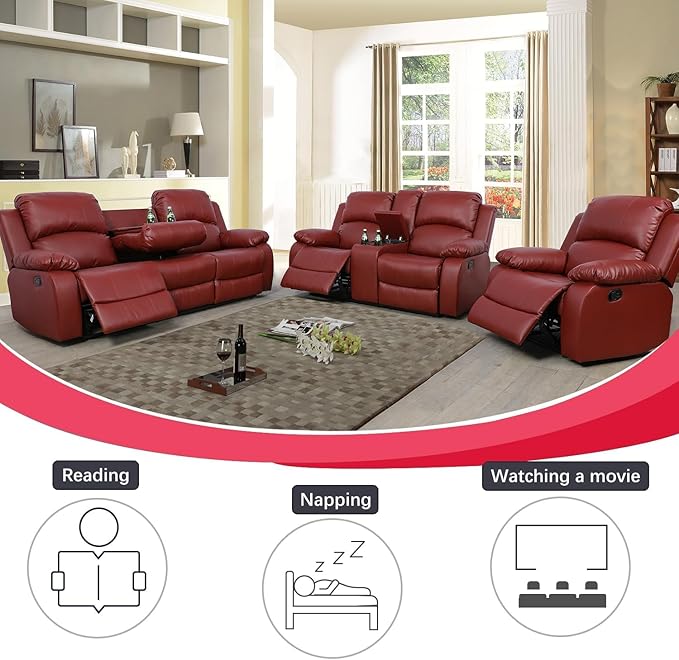 AYCP Bonded Leather 3 Pieces Reclining Sofa Set (Loveseat, Sofa) with Storage and Dropdown Coffee Tables, Red