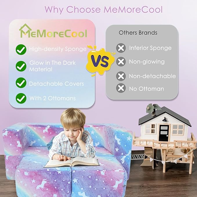 MeMoreCool Glow in The Dark Kids Couch – Modular Fold-Out Toddler Sofa (Rainbow) | Convertible Play Couch for Bedroom & Playroom; Chair, Bed, Fort or Ball Pit; Machine-Washable Velour Cover