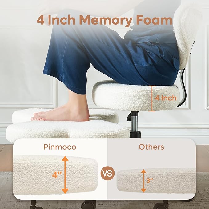 Pinmoco Cross Legged Office Chair with Wheels, Meditation Chair, ADHD Chair for Adults, Wider Height Adjustable Backrest and Seat, Yoga Office Chair, Teddy Fabric, Off White