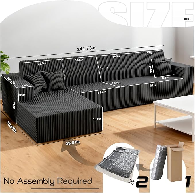 Komusou 142" Boneless Couch, Cloud Modular Sectional Sofa with L-Shape Chaise and Deep Seat, Modern Upholstered Couches for Living Room Bedroom No Assembly Required (Grey, Left Facing Chaise)