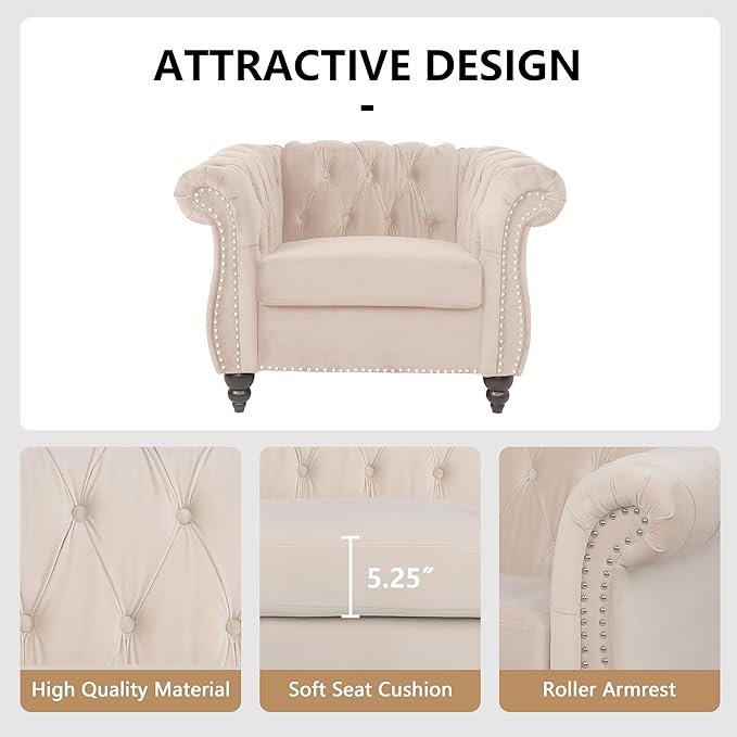 QHITTY Accent Chair, Chesterfield Chair Modern Velvet Upholstered Chair with Tufted Back for Living Room Furniture (Beige)
