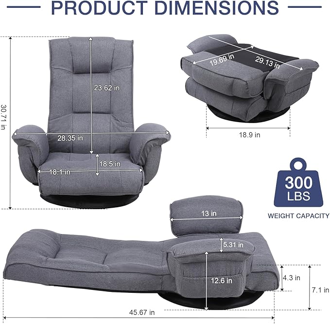 Linen Fabric Ergonomic Gaming Chair, 6-Position Reclining Sofa Bed with Lumbar Support, Foldable Floor Lounger with Thick Cushion, Armrests & Side Pockets for Esports, Reading, Napping (Grey)