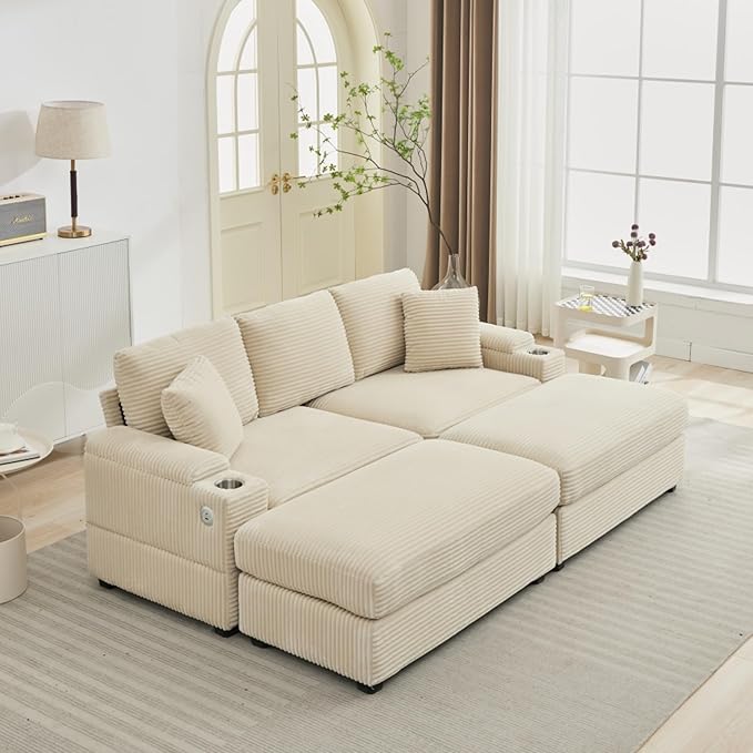 KEIKI Combination Sofa Bed Set, Indoor Chaise Lounge Sofa with Armrest Storage, Cupholders, USB, Deep Seat Sleeper Couch Reading Chairs for Living Room, Beige