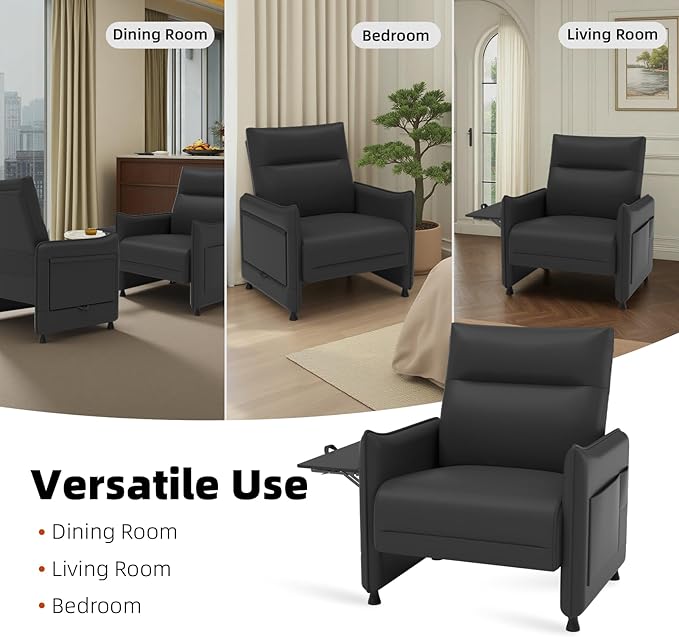 Upholstered Accent Sofa, Modern Faux Leather Sofa Chair with Hidden Foldable Tray & Side Pocket, Front Contour Arm Design, Small Accent Sofa for Bedroom, Black