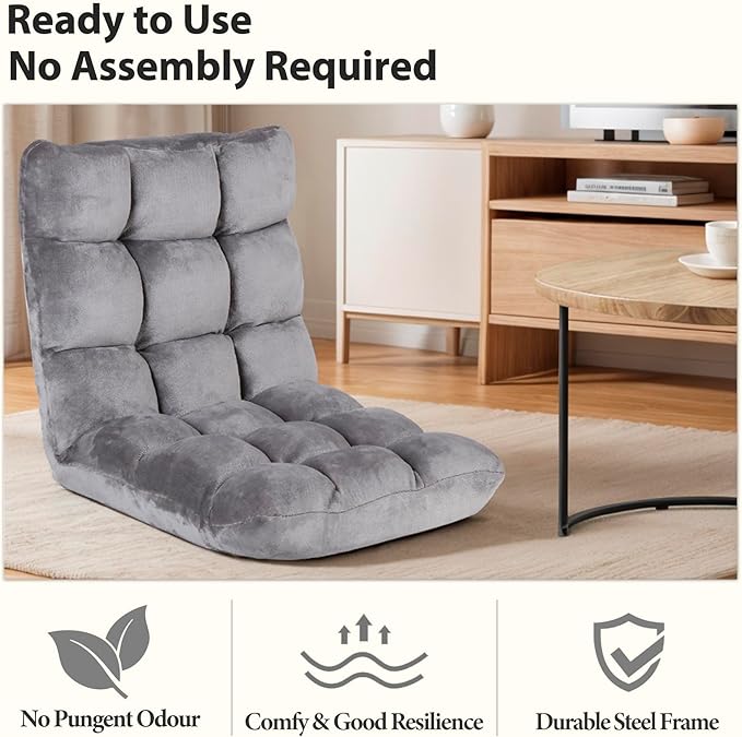 Epetlover 14-Position Adjustable Floor Gaming Chair Foldable Memory Foam Armless Sofa Seat Couch Recliner with Comfy Back Support for Working Meditation Reading, Grey