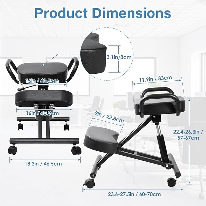 Ergonomic Kneeling Chair Height-Adjustable 22.4-26.3 in Postures Chairs with Lockable Wheels and Armrests Knee Chairs can Hold Up to 220 Lbs Kneeling Ergonomic Chair for Desk Home Meditation,Black
