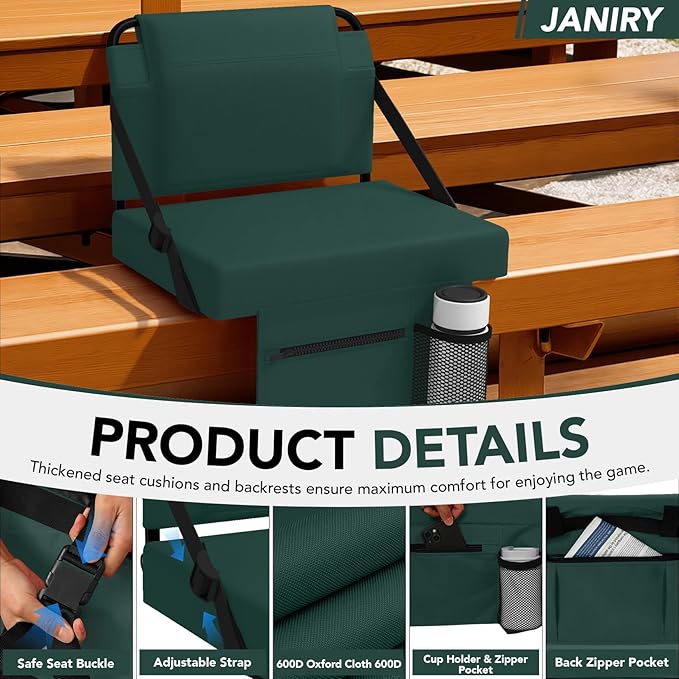 Stadium Seat 2 Pack for Bleachers with Back Support,Portable Bleacher Chairs with Back and Cushion，Green