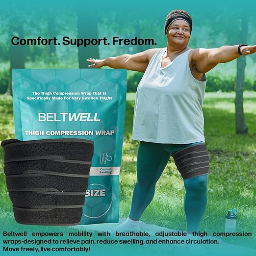 Beltwell® Adjustable Thigh Compression Wrap for Swollen Legs, Lymphedema, Varicose Veins, Lipedema, Edema, Circulation, Heaviness, Post-Surgery & Blood Clots – Muscle Recovery, Pain Relief, Circulation & Mobility – Support for Men & Women