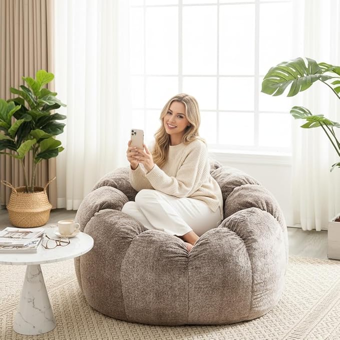 LukeAlon Faux Fur Bean Bag Chair with Filler & Petal Armrest - 44" Extra Large Fluffy Floor Sofa Chair for Adults - Soft Comfy Lounge Chair for Bedroom, Living Room, Game Room (Brown)