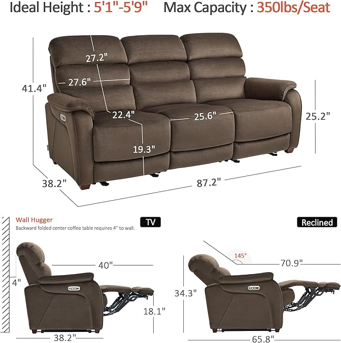 MCombo 87.2'' Wall Hugger Power Recliner Sofa with Drop Down Table, Reclining Sofa with Adjustable Headrest, USB Charge Ports, Reading Lamp, for Living Room, RVs, Fabric, ST258M3 (3-Seater, Coffee)