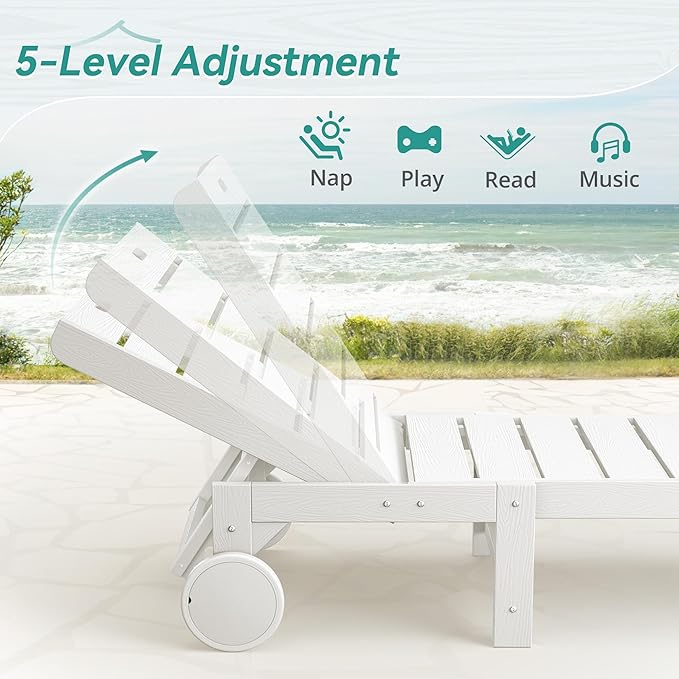 Homenjoy Outdoor Chaise Lounge Chairs with Table, 3-Piece, 26.8” Super Wide Lounge Chair Outdoor, HDPS Pool Chairs with 5 Positions, Patio Lounge Chair with Wheels for Pool,Lawn,Backyard, White
