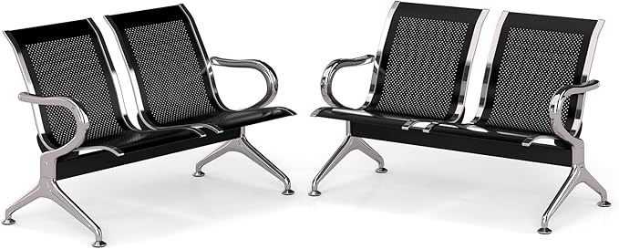 Kinfant 2-Seat Waiting Room Chair Bench Set - 2 Pieces Office Guest Benches Reception Chairs with Arms for Airport, Hospital, Bank, Salon, Barbershop, Hall, Room Conference(Black Mesh)
