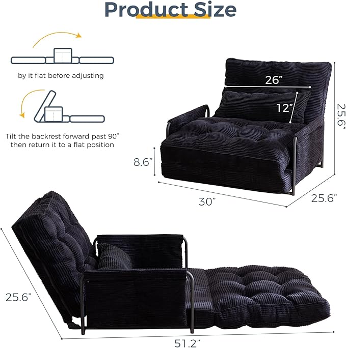 MAXYOYO Adjustable Floor Sofa Couch with Pillow, Multi-Functional Bean Bag Bed, 5-Position Foldable Lazy Sofa Sleeper Bed with Armrest, Versatile Floor Seating for Reading Gaming, Black, Single