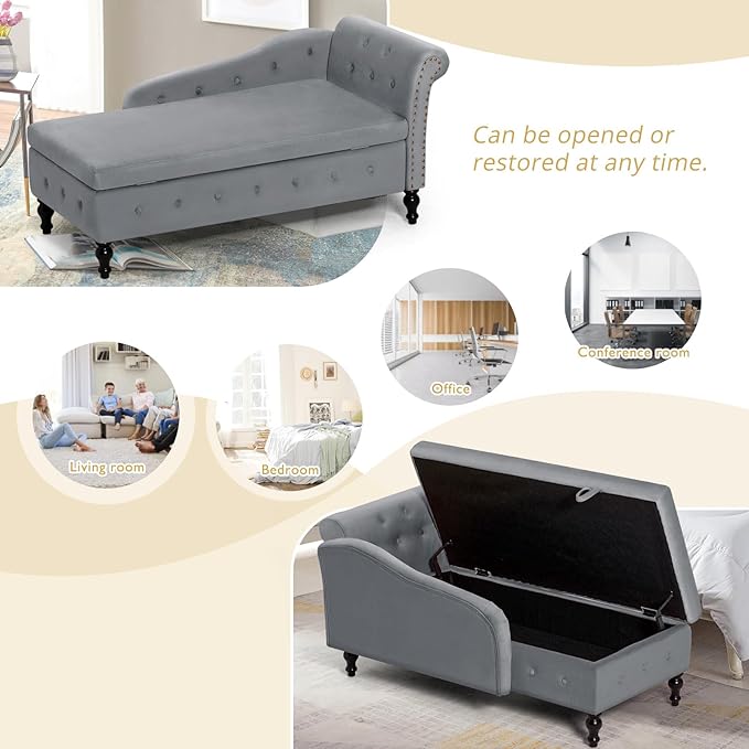 ACMEASE Upholstered Chaise Lounge with Right Armrest & Lumbar Pillow,Button Tufted Lounge Sofa with Storage,Lounge Chair Indoor,Modern Velvet Lounge Chair for Bedroom, Living Room and Office,Grey