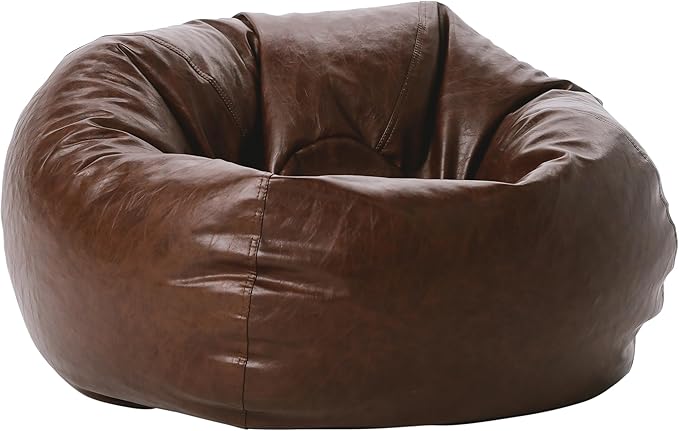Factory Direct Partners 35" Rustic Western Bean Bag Chair; Distressed Faux Leather, Low to Ground for Reading, Playing Video Games and Relaxing; Flex Seating for Home and School - Walnut, 10478-323