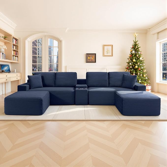 150" Oversized Modular Sectional Sofa, Deep Seat Cloud L-Shape Corduroy Couch with Cup Holders, USB Ports, Wireless Charging & Storage Box, Upholstered Modular Sleeper Sofa for Living Room (Blue)