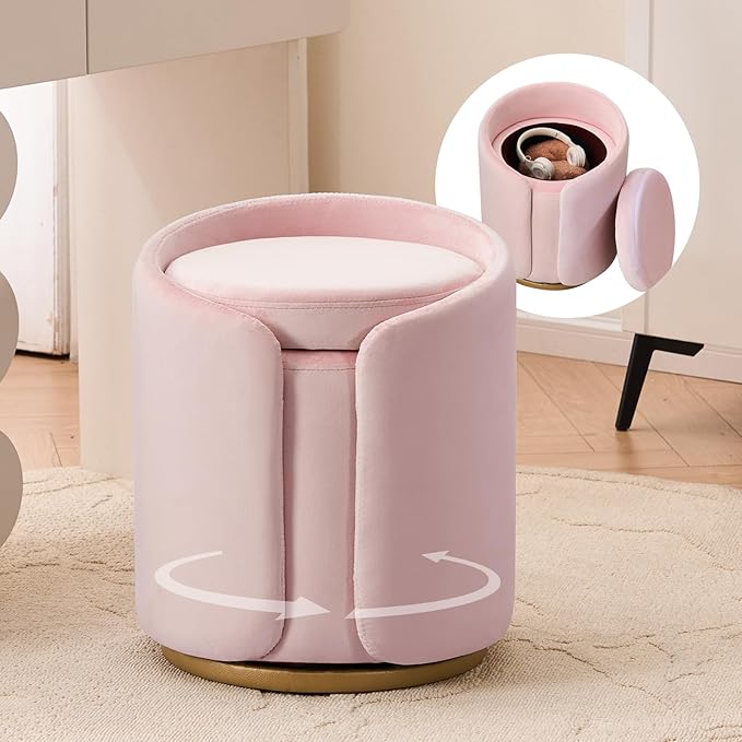 Vanity Chair with Storage, Round Velvet Vanity Stool No Wheels, Swivel Ottoman Chair with Upholstered for Women, Makeup Chair Accent Stool with Back for Living Room, Bedroom, Gold Base, Pink