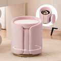 Vanity Chair with Storage, Round Velvet Vanity Stool No Wheels, Swivel Ottoman Chair with Upholstered for Women, Makeup Chair Accent Stool with Back for Living Room, Bedroom, Gold Base, Pink
