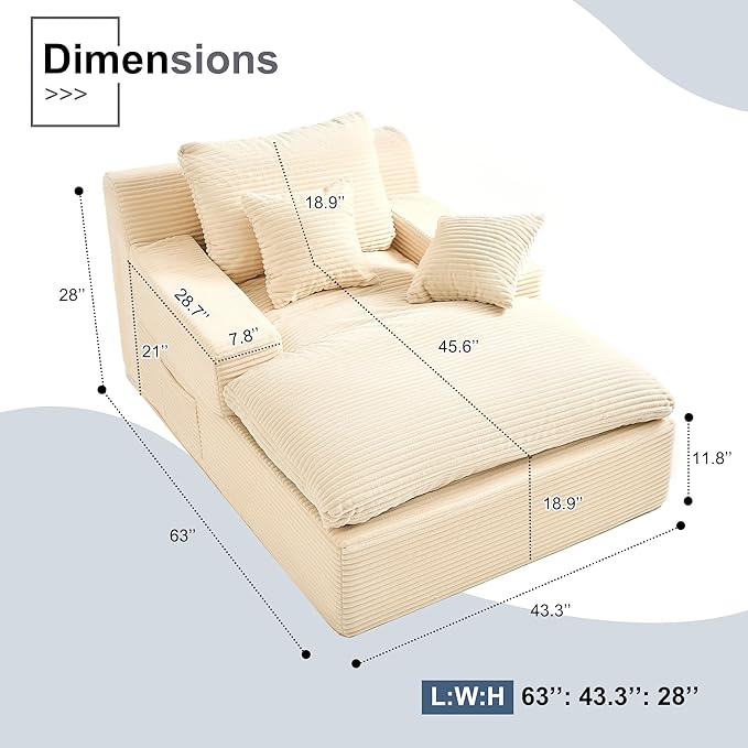 63" Oversized Boneless Chaise Lounge Chair, Extra Cloud Layer, Convertible Sleeper Sofa Couch with Removable Pillows & Side Pockets, Corduroy Upholstered Sofa Bed with Armrests for Living Room, Beige