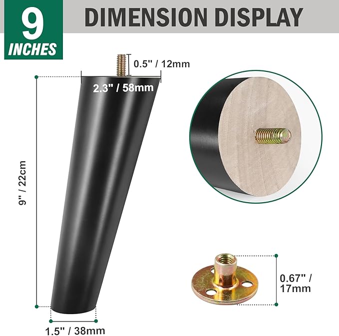 FoDau770 Black Rubber Wood Furniture Legs 9 Inches, Slant Tapered Wood Feet Mid Century Sofa Legs Set of 4, 5/16" UNC Furniture Feet Replacement Parts for Cabinet Couch Dresser Chair Ottoman Table