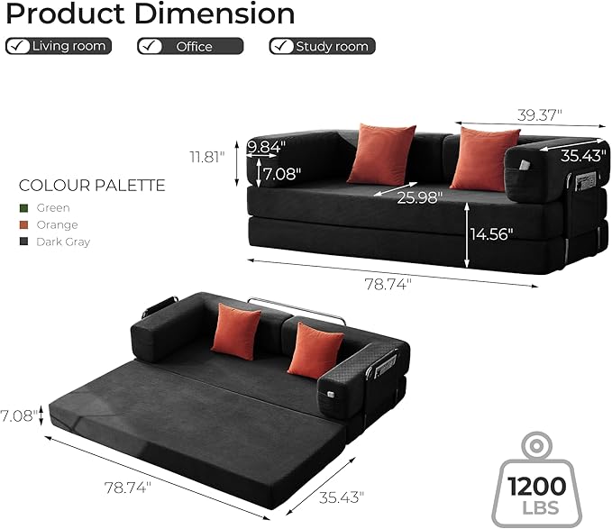 Carzzi-Life 79" Convertible Sofa Bed with Pillows, Corduroy Folding Sleeper Sofa with Fixed-Shape Frame, Boneless Couch for Living Room Bedroom, Floor Sofa Lounge No Assembly Required (Grey)