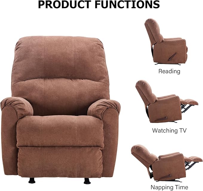 CANMOV Rocker Recliner Chair for Adults,Manual Recliner Chair with Overstuffed Backrest and Armrests, Soft Fabric Manual Rocking Reclining Sofa for Living Room,Brown