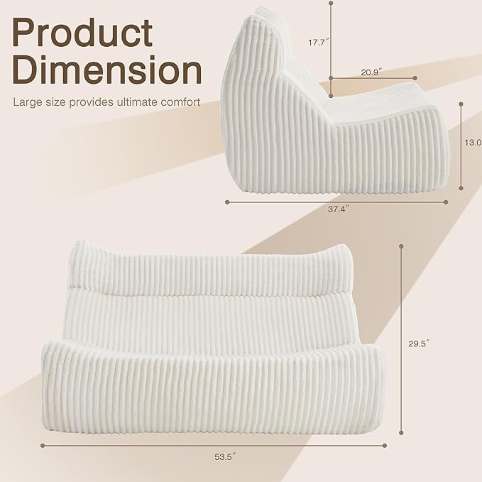 Big Bean Bag Chairs, Lazy Floor Sofa, Fireside Chair for Living Room, Bedroom, Office (White, Loveseat)