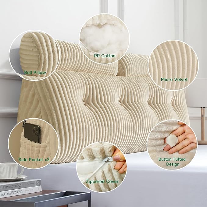 Z-hom Large Wedge Pillow Headboard, Twin Triangular Headboard Pillow, Reading Pillow Bed with a Roll Pillow for Bed Sitting Up Sleeping, Backrest Cushion Headboard Gap Pillow for Back, Beige Cream