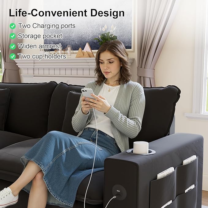 KCGKCG 80.7" Modular Sectional Sofa, L Shaped Cloud Couch with Movable Ottoman, Chenille Deep Seat Cloud Sofa with Charging Station, Cup Holder, Side Pocket, Sectional Couches for Living Room, Black