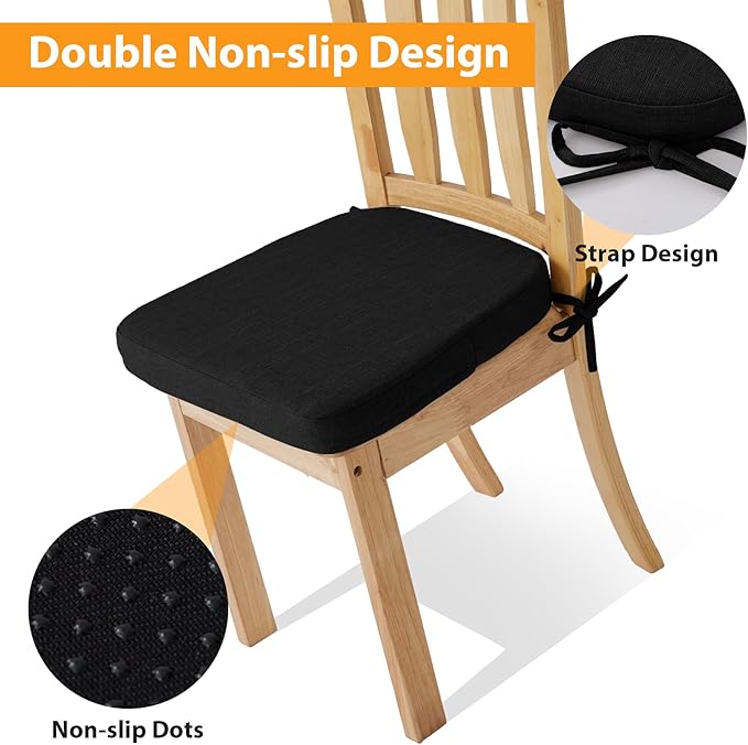 Ruqmuis Chair Cushions for Dining Chairs, 2" Thick Seat Cushions for Kitchen Chairs, D-Shaped Chair Pads with Washable Cover, Ties and Non Slip Backing, 17'' x 16'', Set of 6, Black