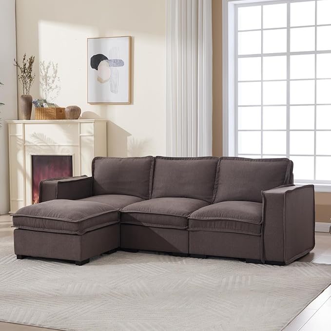 HEAY-YO 93 Inches Modern Modular Sectional Sofa,L Shape 3-Seater Comfy Couch with Moveable Ottoman,Floor Sofa for Living Room Bedroom Apartment,Linen Grey