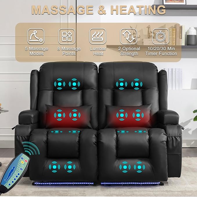 URRED Loveseat Recliner Sofa with Massage and Heat, Power Reclining Loveseat Sofa RV Couch Home Theater Seating with LED Lights, Cup Holders, Side Pockets, USB, Pillows, Faux Leather, Black