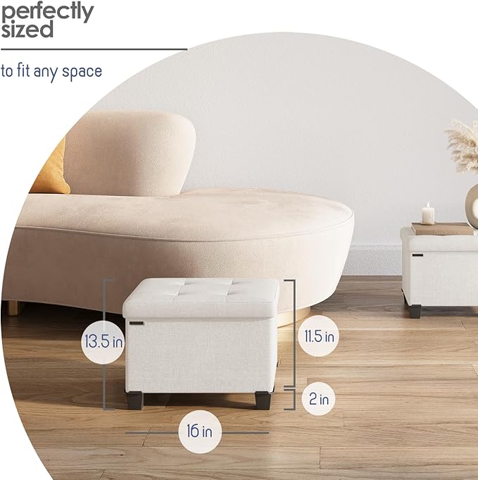 Storage Ottoman Cube with Small Bin, 16-in Square Ottoman with Storage for Living Room and Bedroom, Small Ottomans Foot Rest, Fabric Foot Stools Ottomans Max 330lbs, Cream
