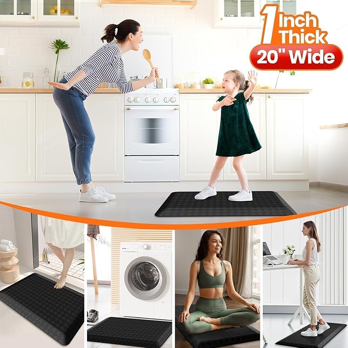StepRite 1” Thick Kitchen Mats for Floor, Anti Fatigue Kitchen Rugs, Non-Slip,Heavy Duty Waterproof Kitchen Rug, Standing Desk Mat, Gifts for Friends, Family, Home, Kitchen, Office (32" x 20", Black)