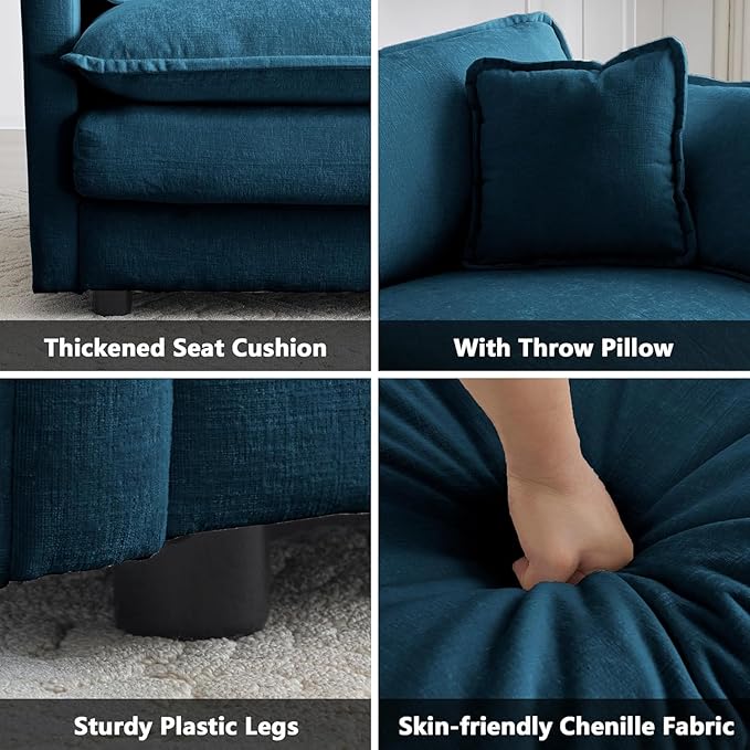 Aoowow Single Deep Seat Sofa Comfy Chenille Couch,Modern Upholstered Accent Armchair with Pillow for Living Room Bedroom Apartment(Blue)