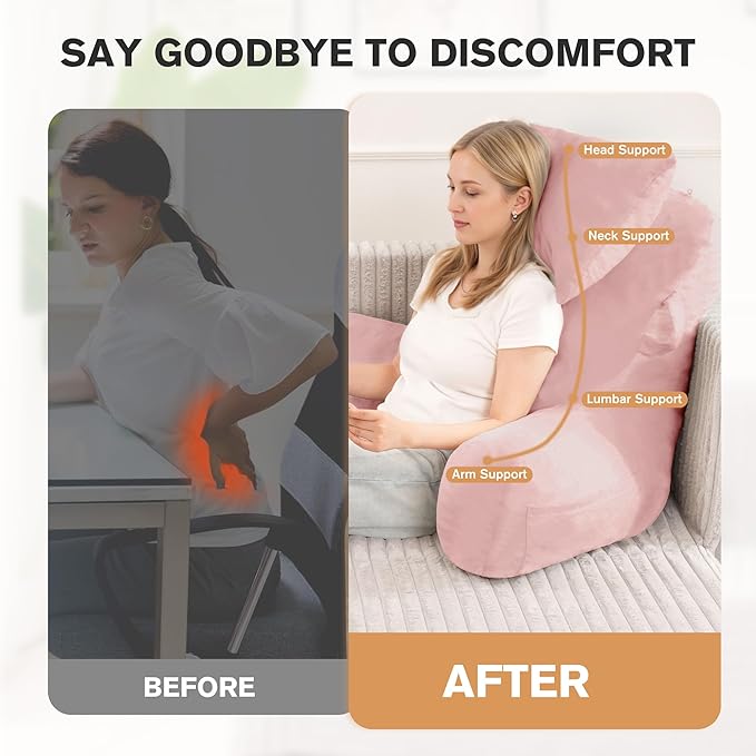 Unisakey Portable Reading Pillows with Headrest for Bed Sitting Up(Pink Oeko-Tex), Velvet Back Pillow with Arms & Pockets for Adults, Support Memory Foam Bed Pillow for Dorm/Reading/Watching/Gaming