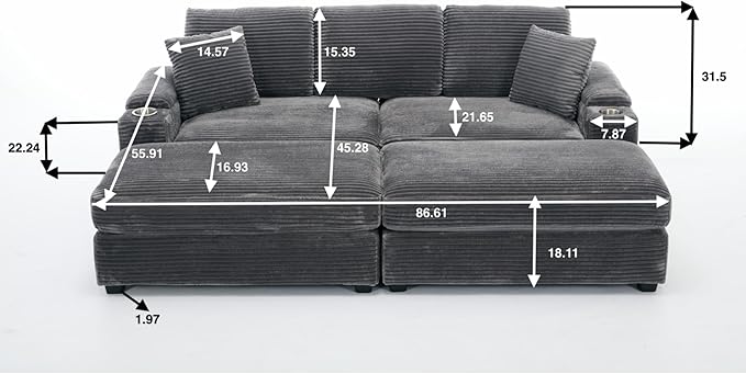 KEIKI 4 Seat Combination Sofa Set, Chaise Lounge Sofa with Armrest Storage, Cupholders, USB, Deep Seat Sleeper Couch Reading Chairs for Living Room, Gray