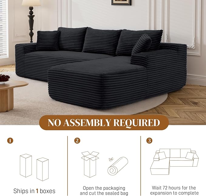95" Boneless Cloud Sectional Couches for Living Room, Comfy Fluffy L Shaped Memory Foam Deep Seat Boneless Couch, Modular Sectional Sofa with Right Facing Chaise, Black