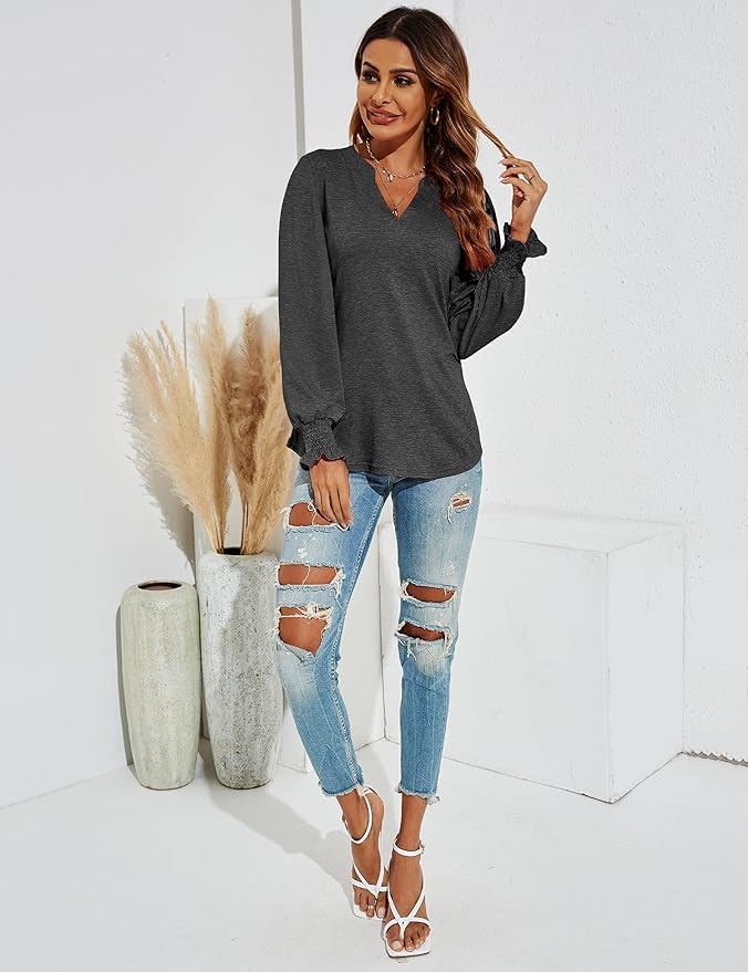 Romanstii Women's Casual V-Neck T-Shirts Loose Puff Long Sleeve Tops Tunic Blouses