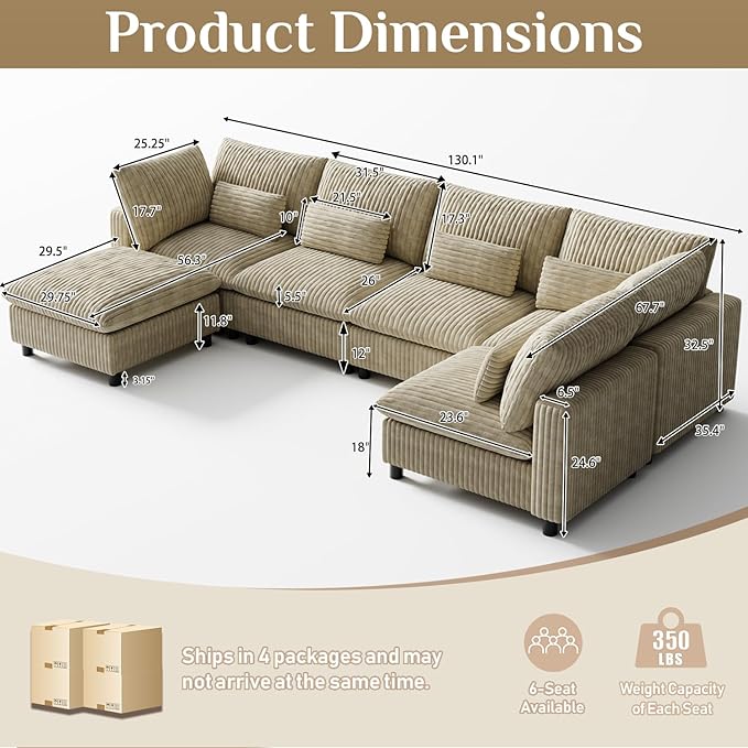 130" W x 67" D U Shape Sectional Sofa with USB Charging & Cup Holder & Storage, 6 Seater Plush Corduroy Couches with Movable Ottoman, Cloud Couch Sofas for Living Room, DIY Combination - Light Camel