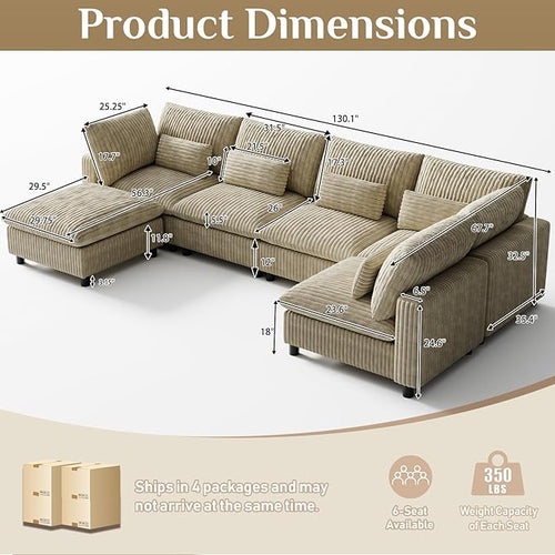 130" W x 67" D U Shape Sectional Sofa with USB Charging & Cup Holder & Storage, 6 Seater Plush Corduroy Couches with Movable Ottoman, Cloud Couch Sofas for Living Room, DIY Combination - Light Camel