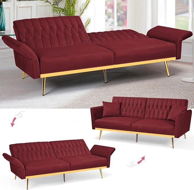 ACMEASE 70” Velvet Futon Sofa Bed with 2 Pillows and Adjustable Armrests, Convertible Sleeper Bed W/Adjustable Backrests, Modern Loveseat for Living Room, Bedroom, Red