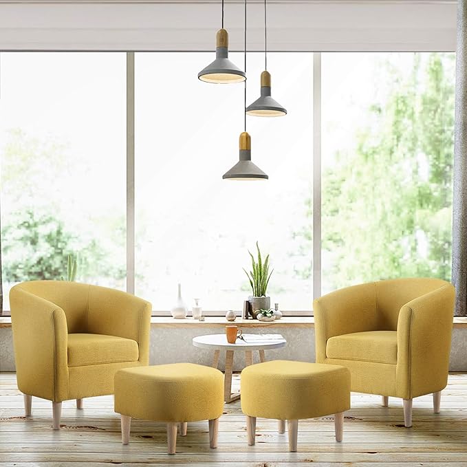 DAZONE Accent Chairs Set of 2 Mid Century Modern Chair with Ottoman Comfy ArmChair Footrest Set Comfortable Living Room Chairs Upholstered Barrel Club Tub Chair for Bedroom Reading Room Mustard Yellow
