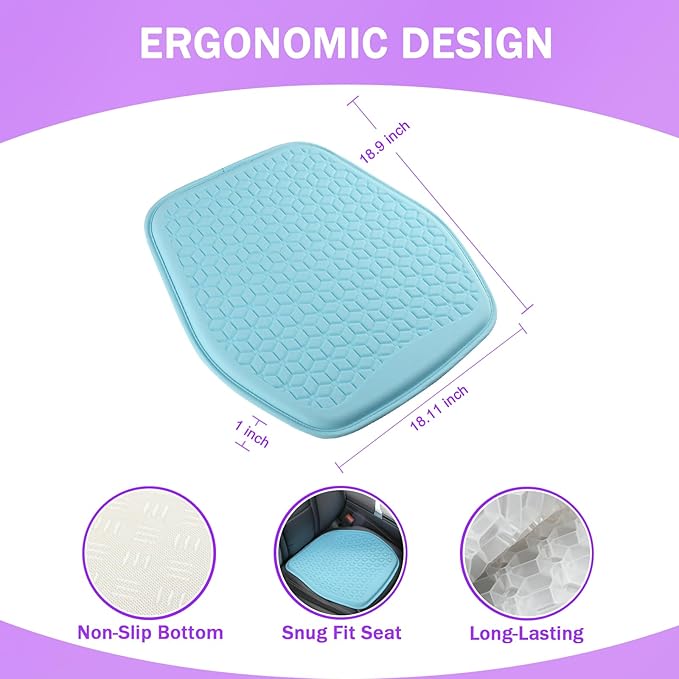 Binsheo Thin Gel Seat Cushion for Car Seat, Office Chair, Wheelchair, Golf Cart - Non-Slip Car Seat Cushions with 0.7 Inch Gel - Sciatica & Coccyx Pain Relief (Fabric, Blue)