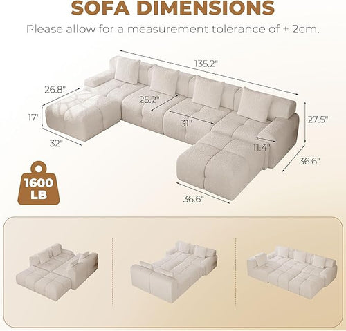 135" Modern L Shaped Modular Sectional Sofa, 6 Seater Convertible Chenille Cloud Couch Sofa Set, Boneless Couches for Living Room with Ottoman, No Assembly Required, White