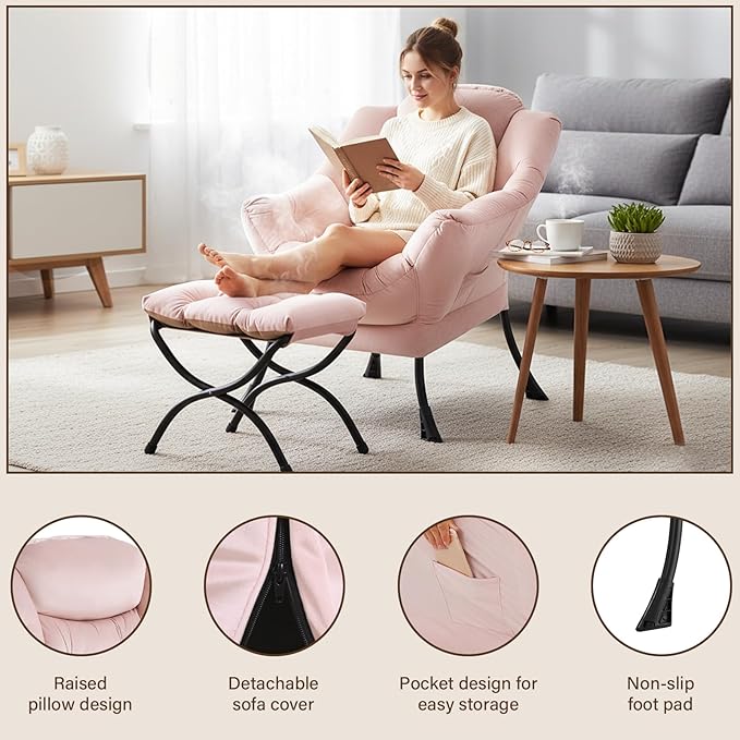 Welnow Lazy Chair with Ottoman, Modern Lounge Accent Chair with Armrests and a Side Pocket, Leisure Sofa Armchair, Reading Armchair with Footrest for Small Space, Pink