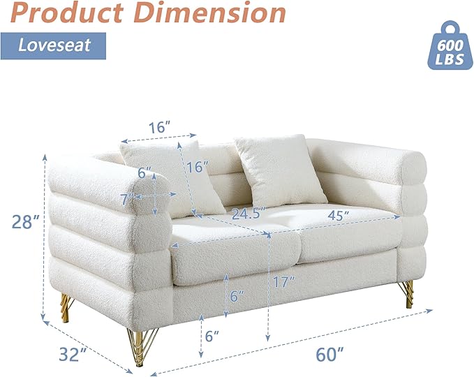 mikibama Modern Teddy Loveseat Sofa, 60 Inch Sectional Sofa Couch, Luxury 2 Seater Deep Couch with 2 Pillows and Gold Metal Legs for Living Room, Bedroom, Apartment (White)