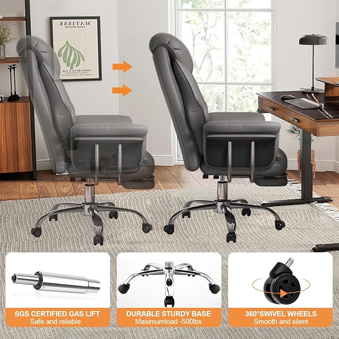 BTFYOU Big and Tall Office Chair with Armrests Executive Chair with Footrest and Spring Lumbar Support High Back Leather Ergonomic Chair Adjustable Height Tilt Lock for Business